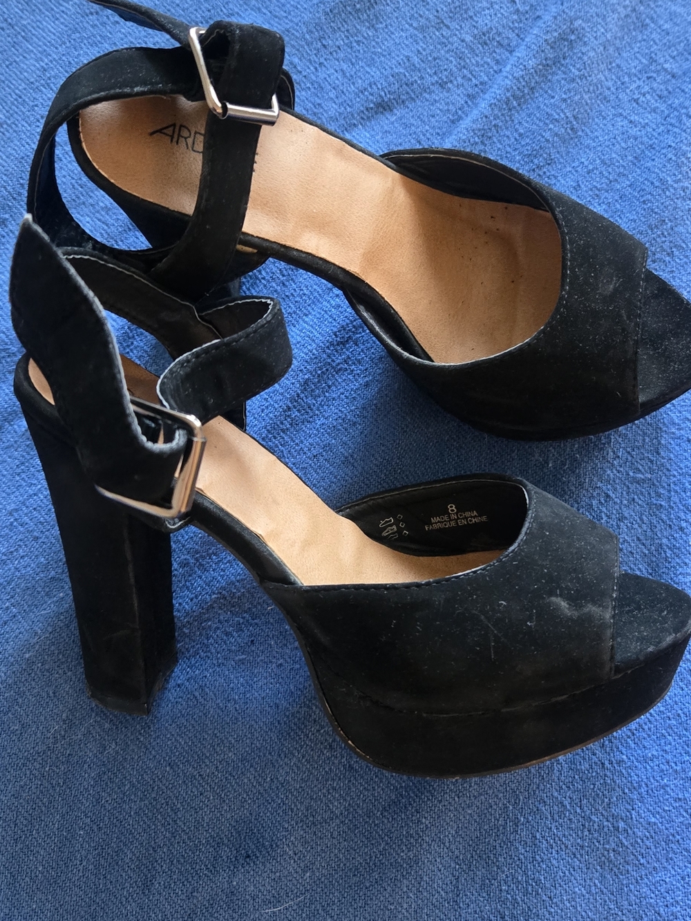 Ardene Black Suede Platform Block Heels with Ankle Strap
